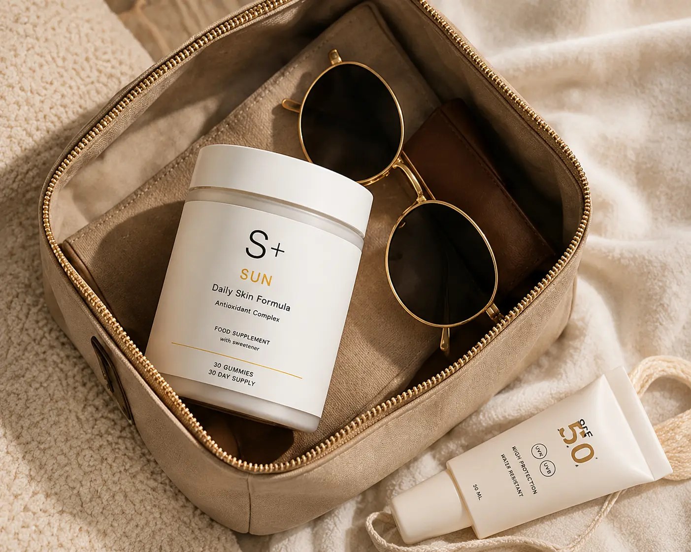 Valise ouverte avec lunettes de soleil, soins, protection solaire et pot S+